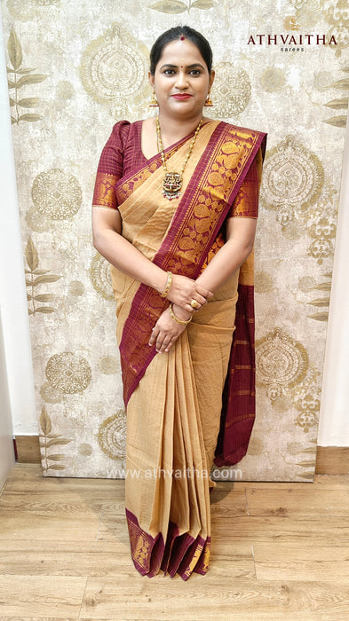 Heritage Rani Sungudi Zari Checks Gold Biscuit With Contrast Border