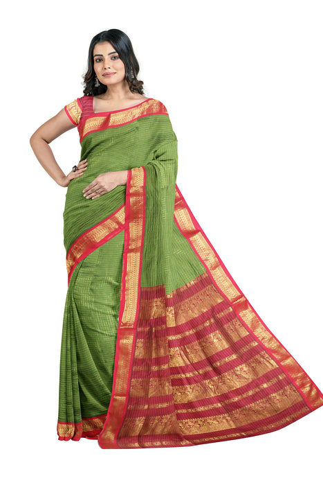 Kalayani Cotton Small Checks - Olive Green With Maroon