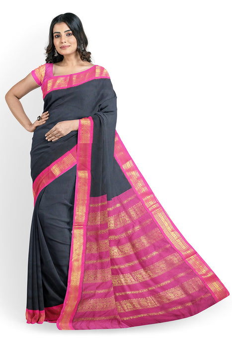 Kalyani Cotton Plain Gold - Black With Pink