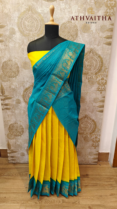 Cotton Half Saree Rani Material-Yellow-Skyblue