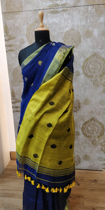 Handloom- Linen Ball Jamdani-R.Blue With Yellow