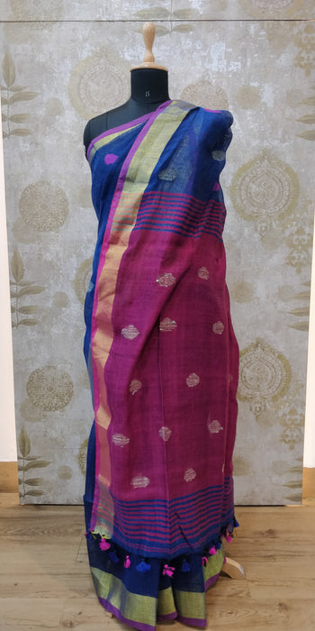 Handloom- Linen Ball Jamdani-100's - R.Blue With D.Pink