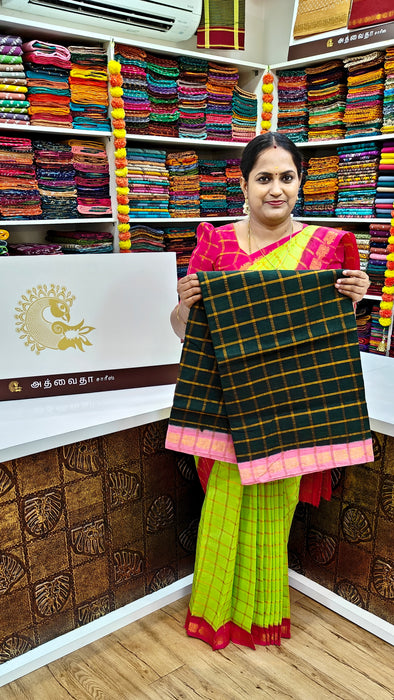 Rani Sungudi Premium Cotton Big Zari Checks-BottleGreen-BabyPink