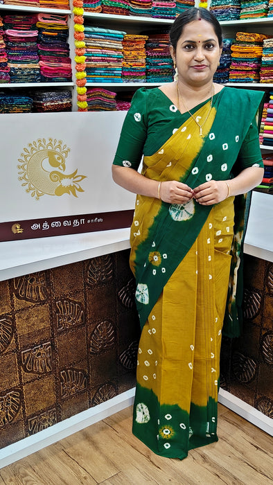 Rani Sungudi Pure Cotton Sarees Tye&Dye 120's-Mustard With BottleGreen