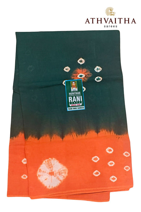 Rani Sungudi Pure Cotton Sarees Tye&Dye 120's-BottleGreen With Orange