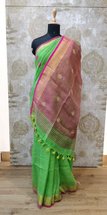 Handloom- Linen Ball Jamdani-100's - P.Green With Pink