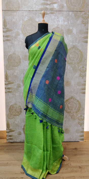 Handloom- Linen Ball Jamdani-100's - Green-R.Blue