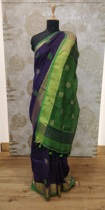 Handloom- Linen Ball Jamdani-100's - Violet With Green