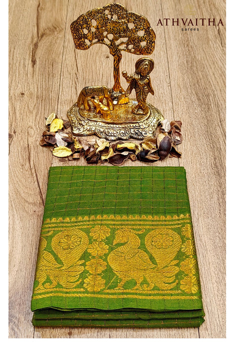 Rani RMS Zari Checks Self Gold Zari Blouse Material-OliveGreen