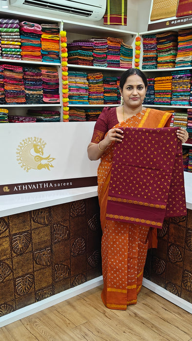 Rani Sungudi Cotton Saree With Oneside Rudraksha Border-Three Dot Self