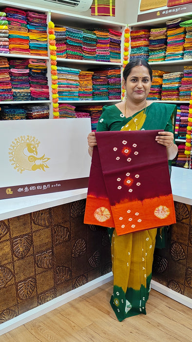 Rani Sungudi Pure Cotton Sarees Tye&Dye 120's-Maroon With Orange