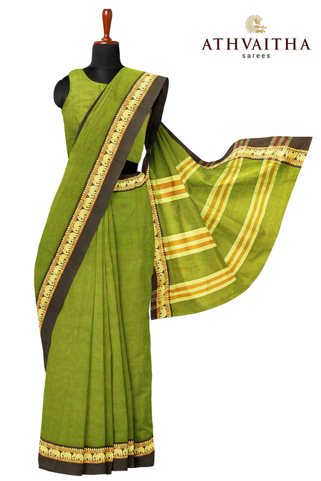 Narayanpet Cotton Saree - OliveGreen With Brown
