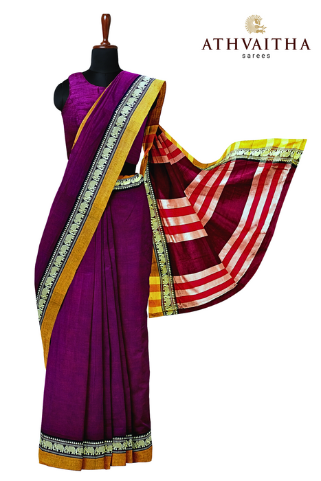 Narayanpet Cotton Saree - Magenta With Mustard
