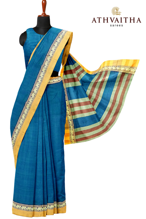 Narayanpet Cotton Saree - Blue With Mustard