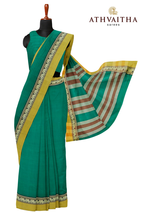 Narayanpet Cotton Saree - Green With Mustard