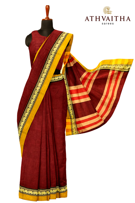 Narayanpet Cotton Saree - Maroon With Mustard