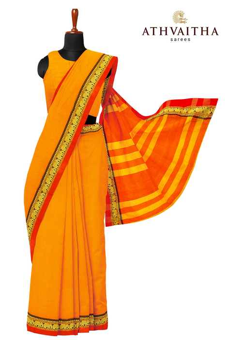 Narayanpet Cotton Saree - Mango Yellow With Red