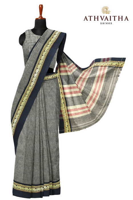 Narayanpet Cotton Saree - Grey With Black