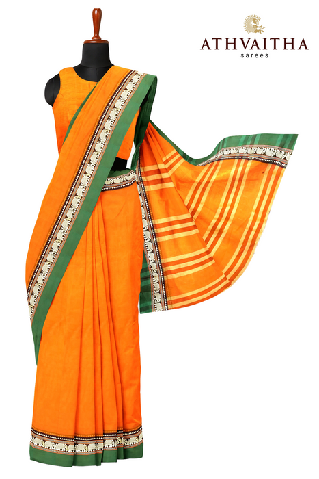 Narayanpet Cotton Saree Fanta Orange With Green