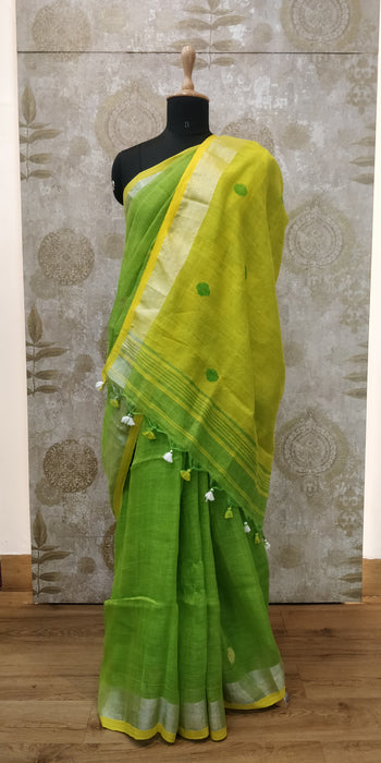 Handloom- Linen Ball Jamdani-100's - P.Green With L.Yellow