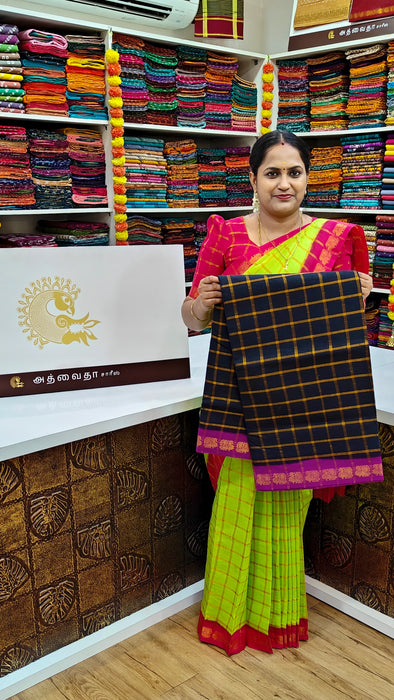 Rani Sungudi Premium Cotton Big Zari Checks- Black-Magenta