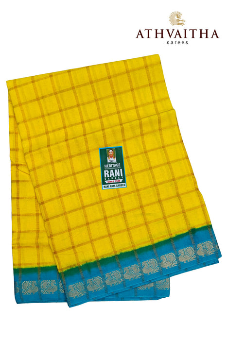 Rani Sungudi Premium Cotton Big Zari Checks-Yellow-SkyBlue