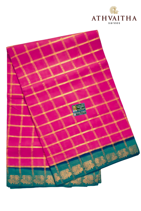 Rani Sungudi Premium Cotton Big Zari Checks- Rani Pink - SkyBlue