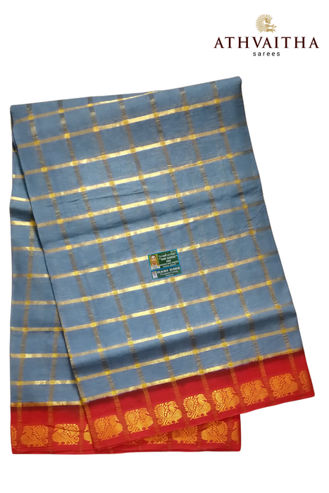 Rani Sungudi Premium Cotton Big Zari Checks-Grey-Red