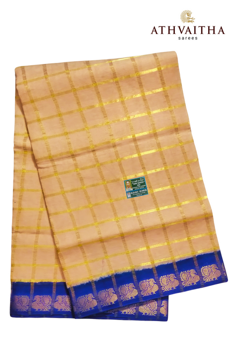 Rani Sungudi Premium Cotton Big Zari Checks-Biscut-Violet