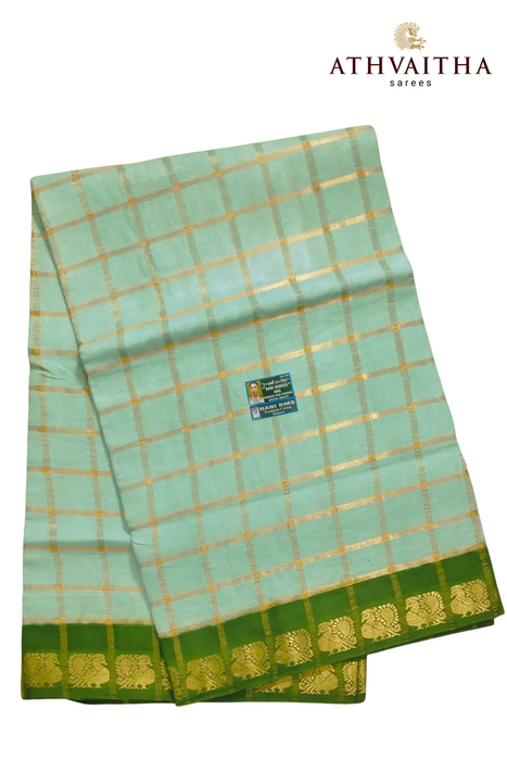 Rani Sungudi Premium Cotton Big Zari Checks- SurfBlue - Green