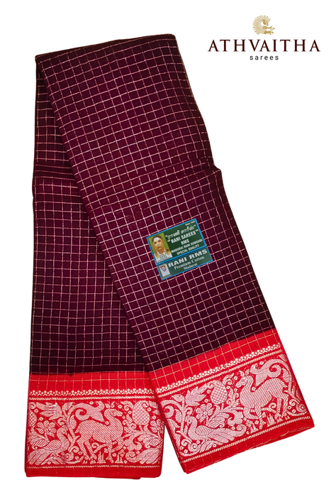 Rani RMS Sungudi Cotton Silver Zari Checks CoffeeBrown-Red