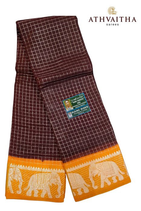 Rani RMS Sungudi Cotton Silver Zari Checks CoffeeBrown - Orange