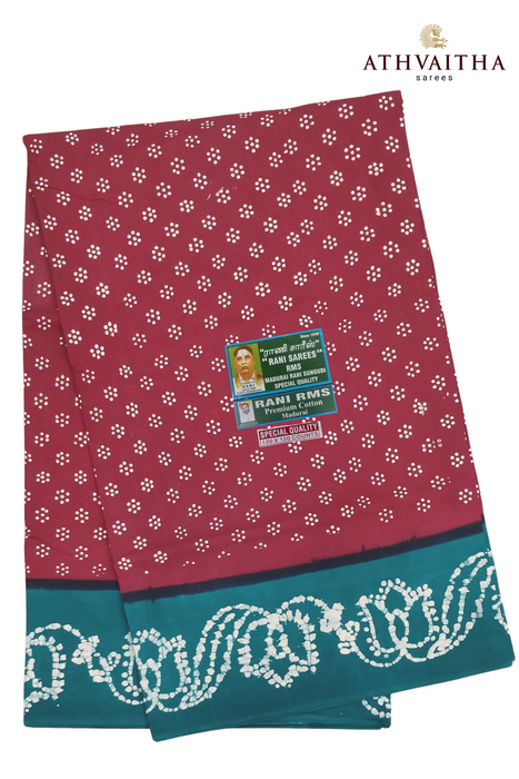 Madurai Sungudi Pure Cotton Saree Without Zari Border-Flower Dot Contrast