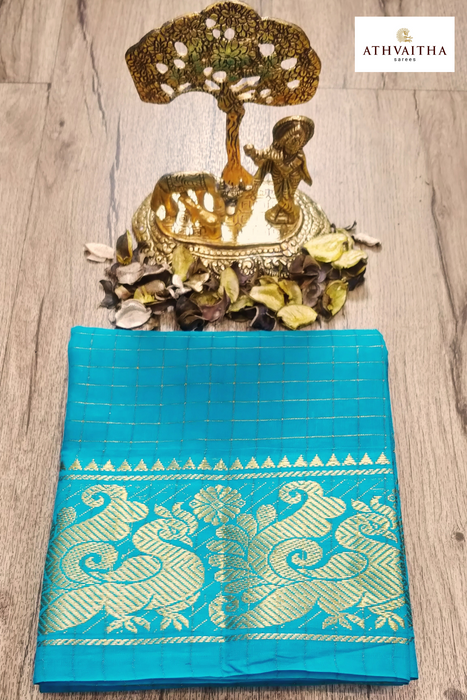 Rani RMS Zari Checks Self Gold Zari Blouse Material-SkyBlue