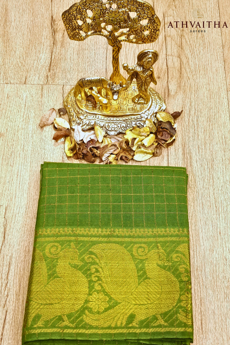 RMS Zari Checks Self Gold Zari Blouse Material-Mehndi Green
