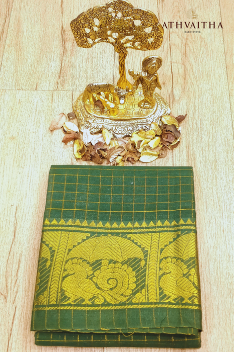 Zari Checks Self Gold Blouse Material -BottleGreen