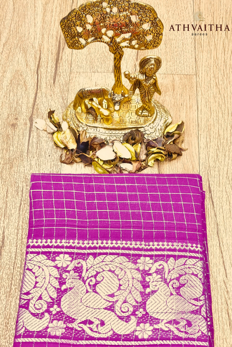 RMS Zari Checks Self Gold Zari Blouse Material-Magenta