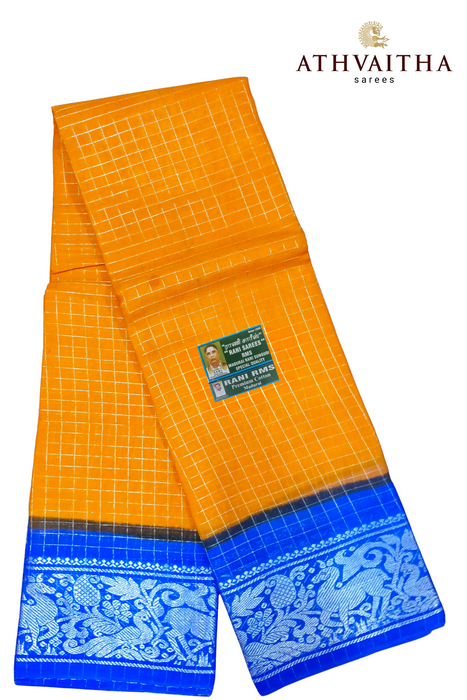 Rani RMS Sungudi Cotton Silver Zari Checks Orange - InkBlue