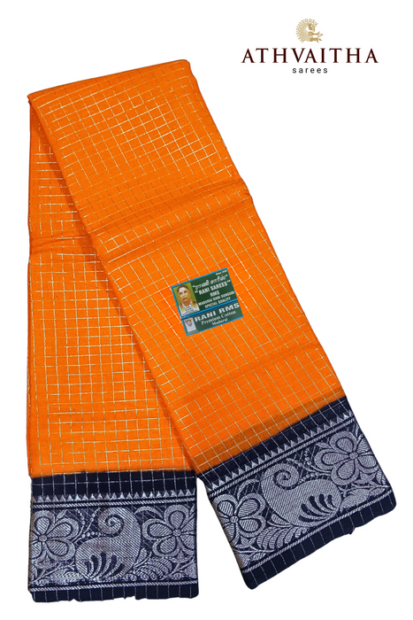 Rani RMS Sungudi Cotton Silver Zari Checks Orange - Black