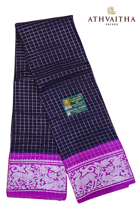 Rani RMS Sungudi Cotton Silver Zari Checks DarkBlue - Magenta