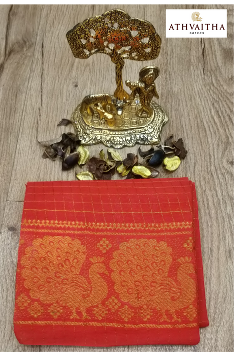RMS Zari Checks Self Gold Zari Blouse Material-Red