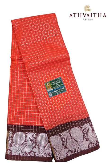 Rani RMS Sungudi Cotton Silver Zari Checks Red-CoffeeBrown