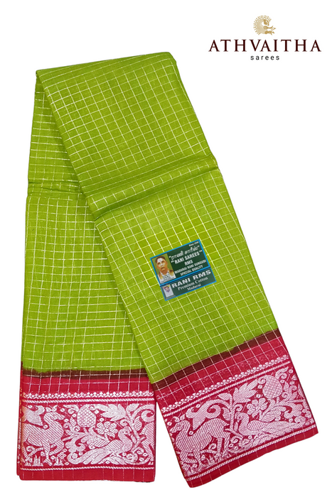 Rani RMS Sungudi Cotton Silver Zari Checks Olive Green - Maroon