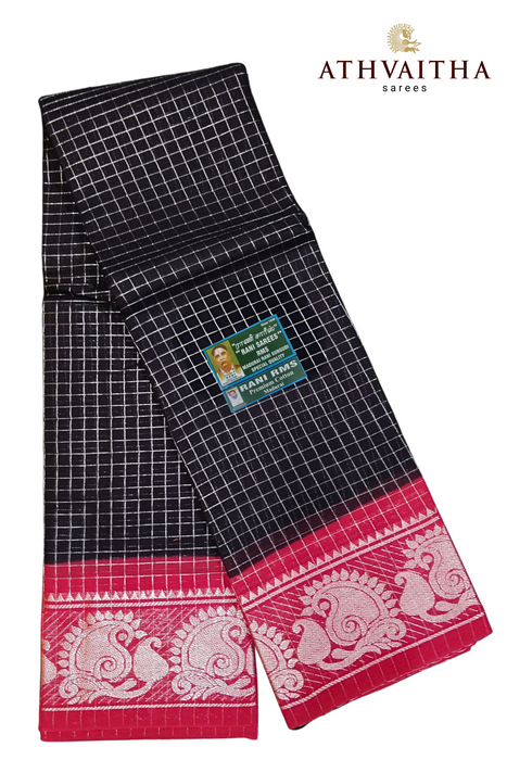 Rani RMS Sungudi Cotton Silver Zari Checks Black - Pink
