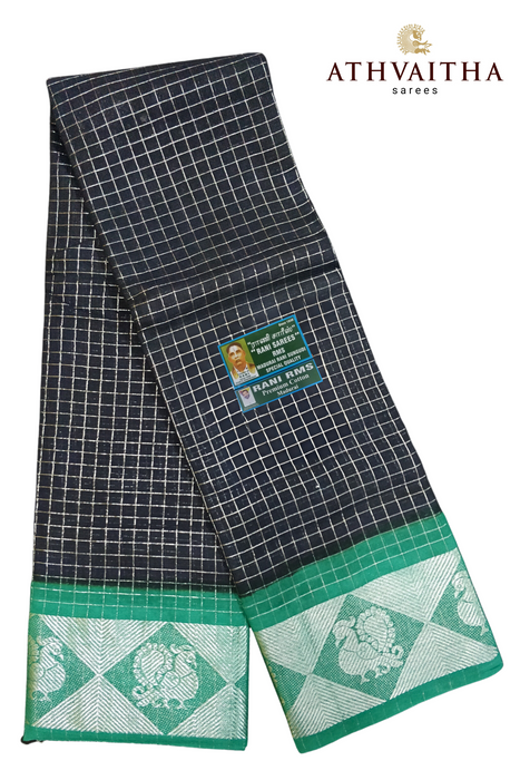 Rani RMS Sungudi Cotton Silver Zari Checks Black - Green