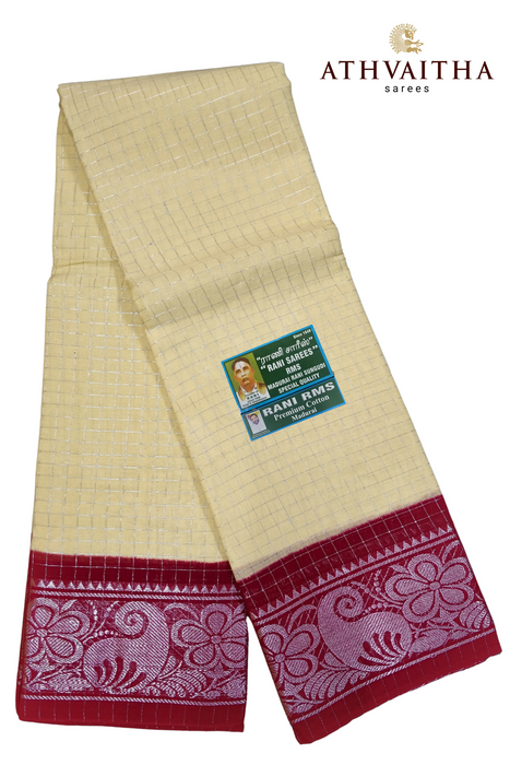 Rani RMS Sungudi Cotton Silver Zari Checks Off-White - Maroon