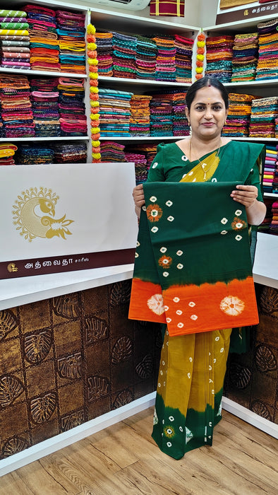 Rani Sungudi Pure Cotton Sarees Tye&Dye 120's-BottleGreen With Orange