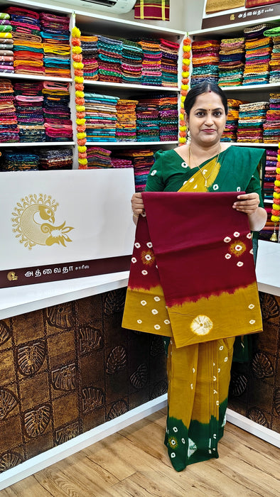 Rani Sungudi Pure Cotton Sarees Tye&Dye 120's-Maroon With OliveGreen