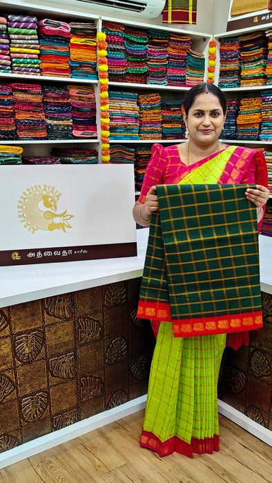 Rani Sungudi Premium Cotton Big Zari Checks- BottleGreen-Red