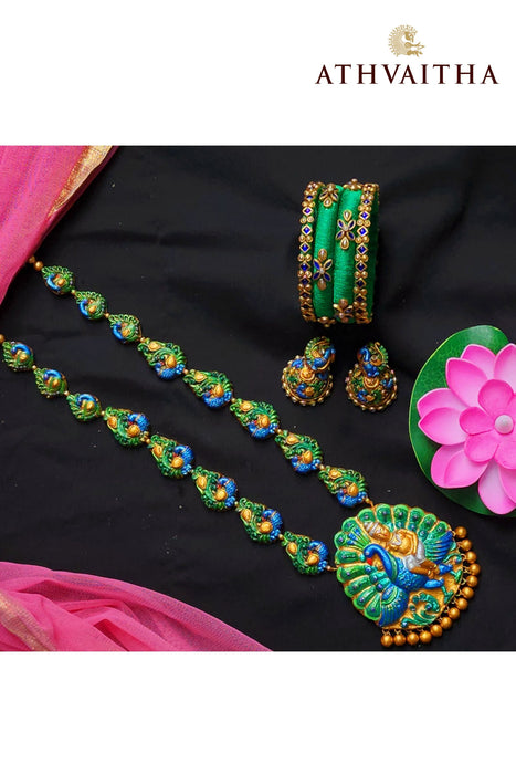 Lord Murugan terracotta haram with pair of jhumkas and bangles